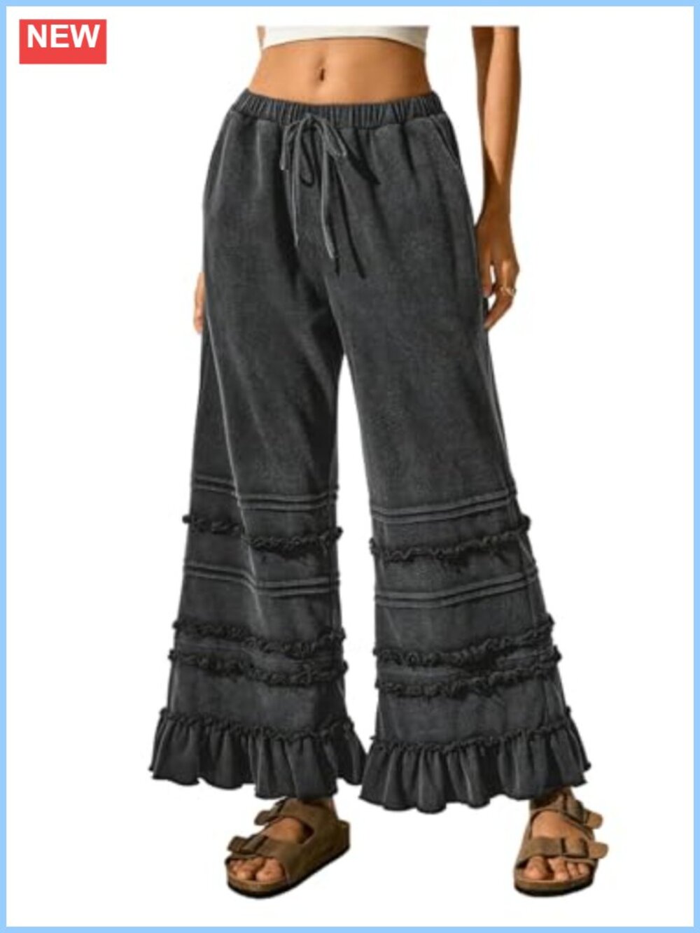 WDIRARA Drawstring Elastic Waist Ruffle Hem Wide Leg Palazzo Pants Loose Fit
